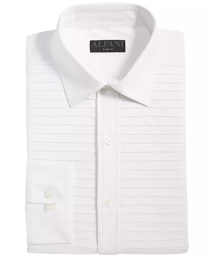 Alfani Men's Slim Fit Horizontal Pleated Panel Formal Shirt White 16 16.5 32 33