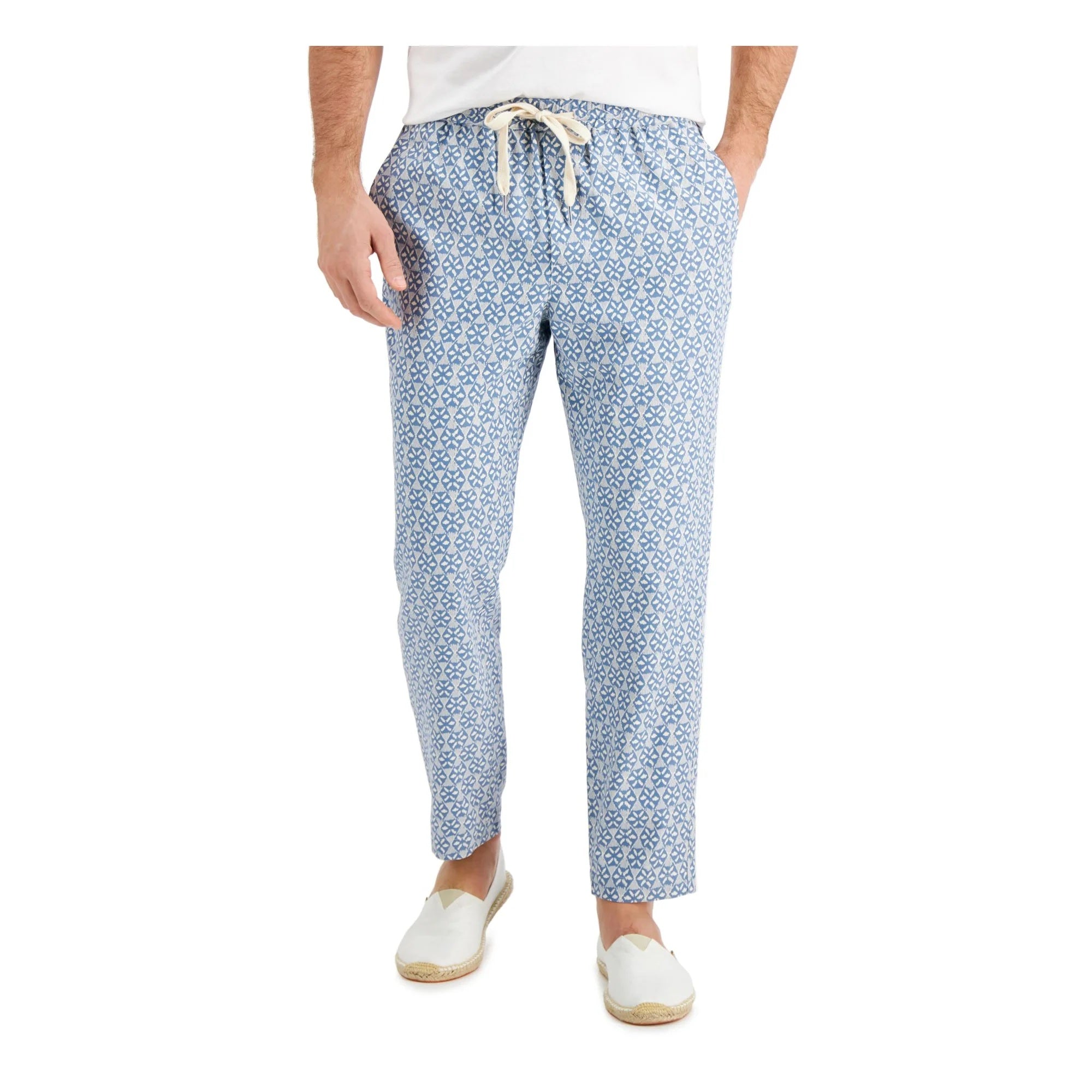 Tasso Elba Men's Medallion Print Drawstring Pants Light Blue Grey Large