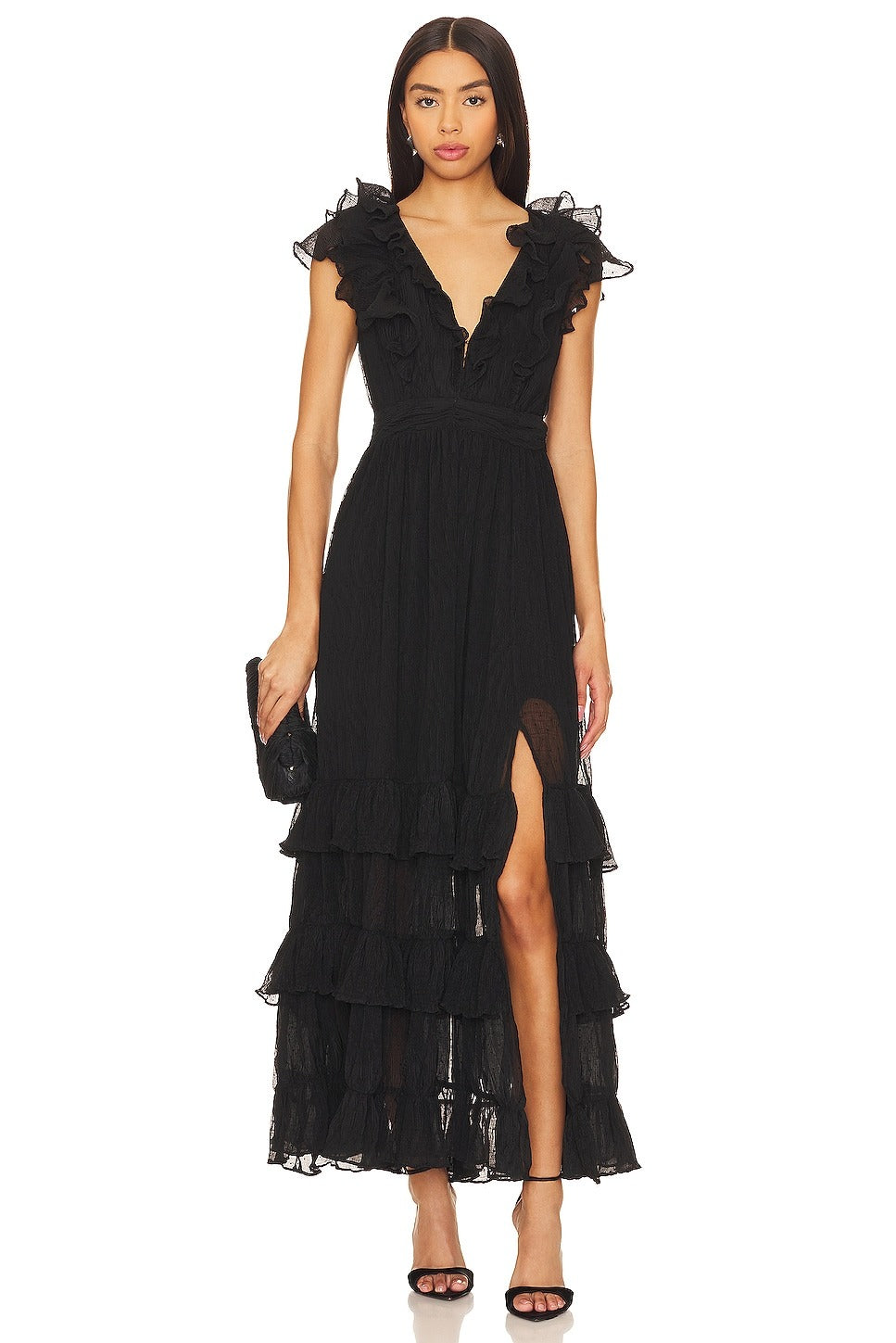 ASTR the Label Women's Tiara Tiered-Ruffled V-Neck Dress Size Medium Black