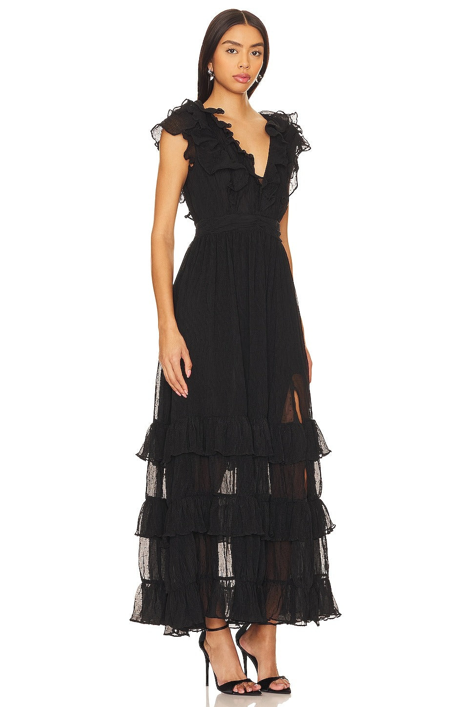 ASTR the Label Women's Tiara Tiered-Ruffled V-Neck Dress Size Medium Black