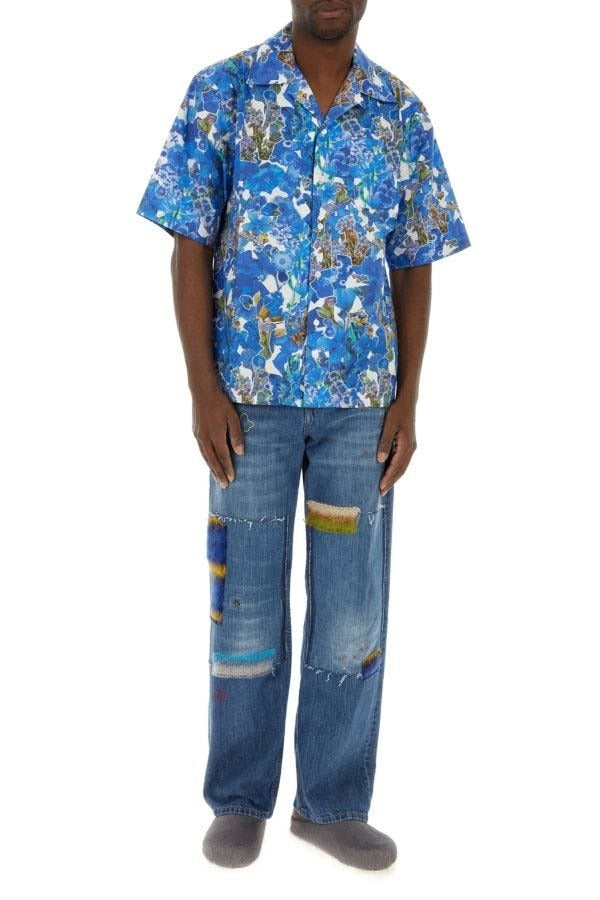 Marni Mens Hawaiian Poplin Short Sleeve Button Up Shirt EU 46 US Small Bluee