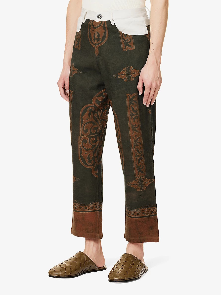 Kartik Research Men Regular fit Casual Pants 32 / 28 Green Geometric Stretch