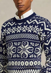 Polo Ralph Lauren Mens Snowflake Wool Blend Sweater Medium Navy Blue White