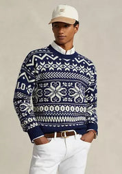 Polo Ralph Lauren Mens Snowflake Wool Blend Sweater Large Navy Blue White