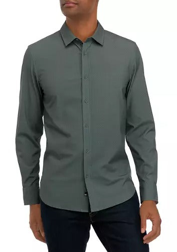 Kenneth Cole Men's Performance Printed Sport Button Shirt Large Green Polyester