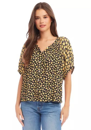 Karen Kane Women's Ruffle Sleeve Peasant Top Blouse Small Black / Yellow