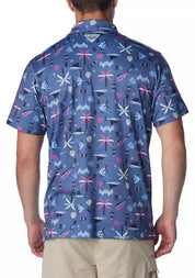 Columbia Men Regular fit Short Sleeve Polo Shirt XL Blue Floral Fishing
