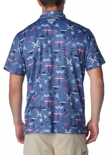 Columbia Men Regular fit Short Sleeve Polo Shirt XL Blue Floral Fishing