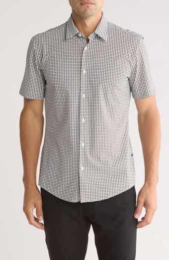 HUGO BOSS Roan Ken Slim Fit Short Sleeve Button Up Shirt Small Dark Green White