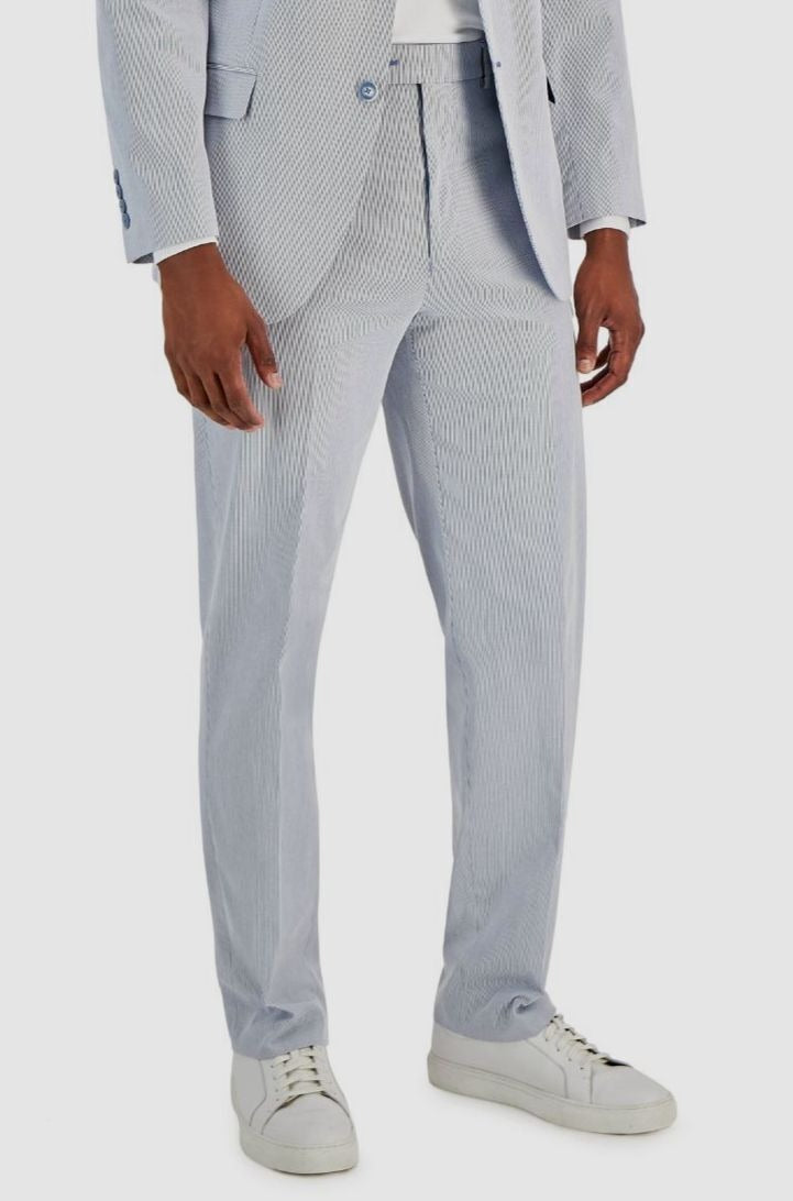 Nautica Men's Suit Seersucker Blue 36S / 30 x 32 Modern-Fit Stretch Flat Pant