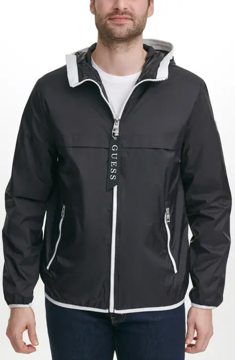 Guess Men's Nylon Hooded Windbreaker Rain Jacket Black Small