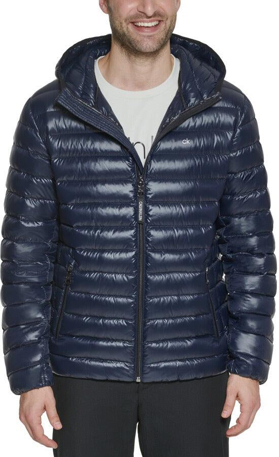 Calvin Klein Mens Packable Down Hooded Puffer Coat Jacket True Navy Blue Small