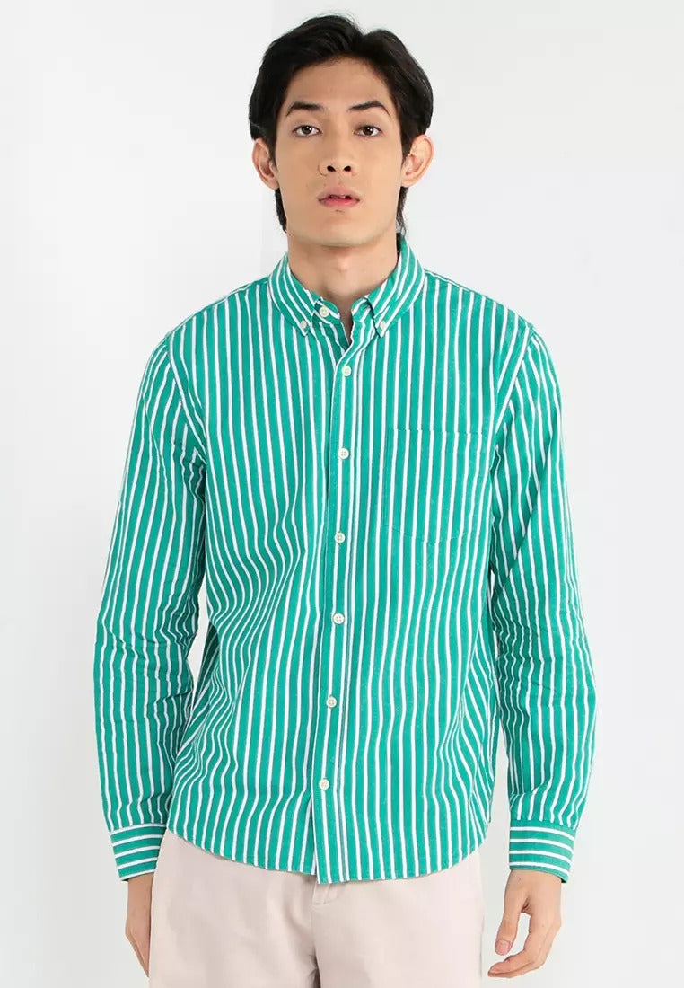 COTTON ON Mens Mayfair Button Down Shirt Emerald Green Stripe Small