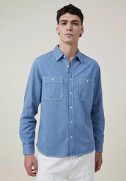 COTTON ON Mens Brooklyn Long Sleeve Button Down Shirt Chalk Blue Small