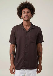 Cotton On Mens Riviera Short Sleeve Button Brown Pop Stitch Shirt XXL Brown