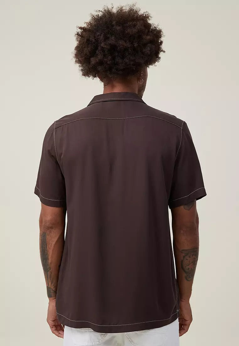 Cotton On Mens Riviera Short Sleeve Button Brown Pop Stitch Shirt Medium Brown