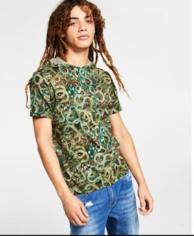 INC International Concepts Mens Hooded Print T shirt Dark Green Medium