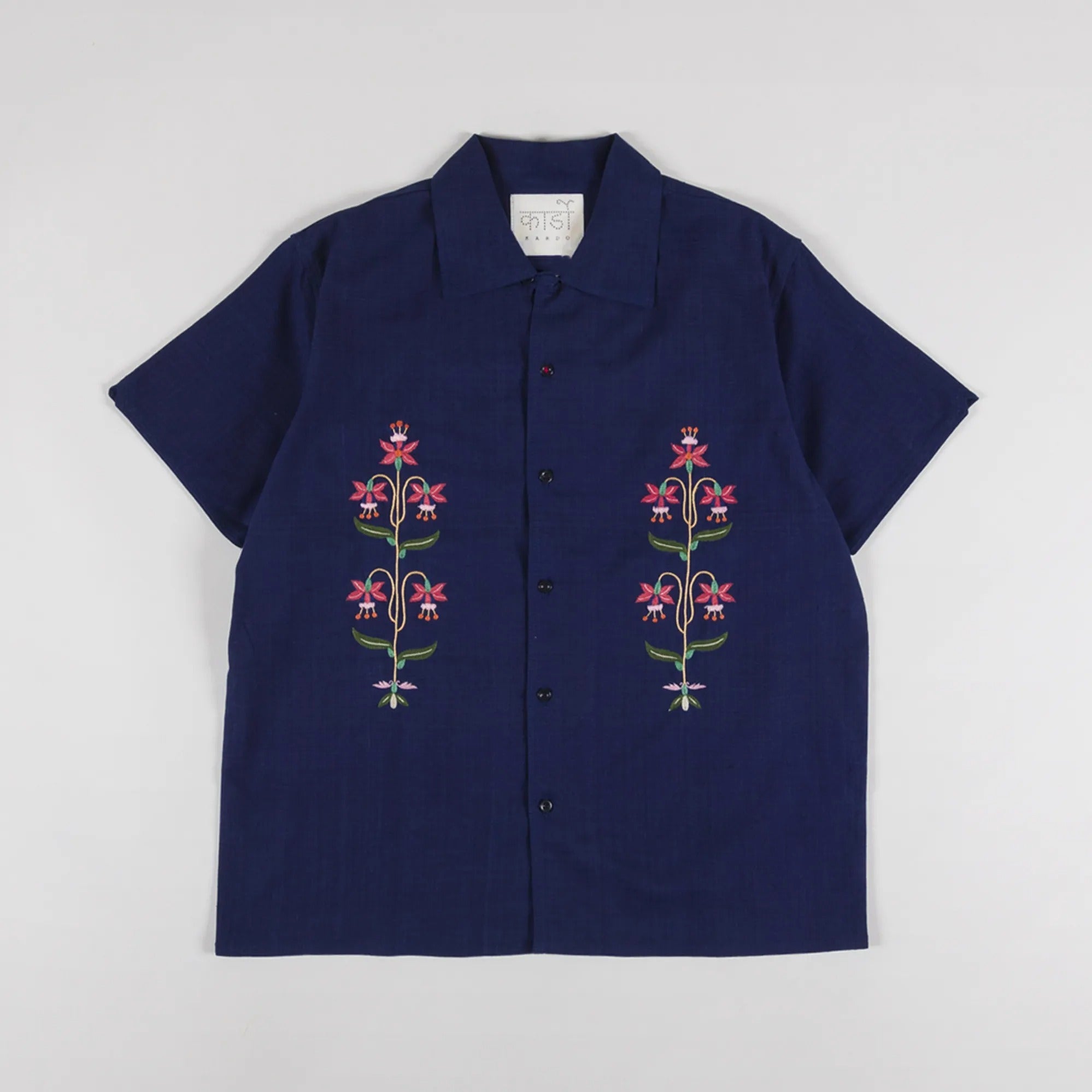 Kardo Mens Chintan Embroidered Short Sleeve Button Shirt Small Navy Indigo Blue