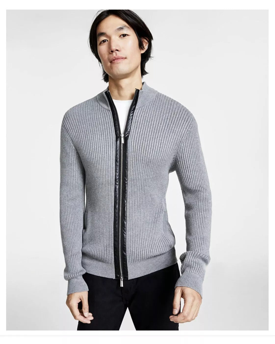 I.N.C. International Concepts Men's Ribbed-Knit Full-Zip Cardigan Sweater Large