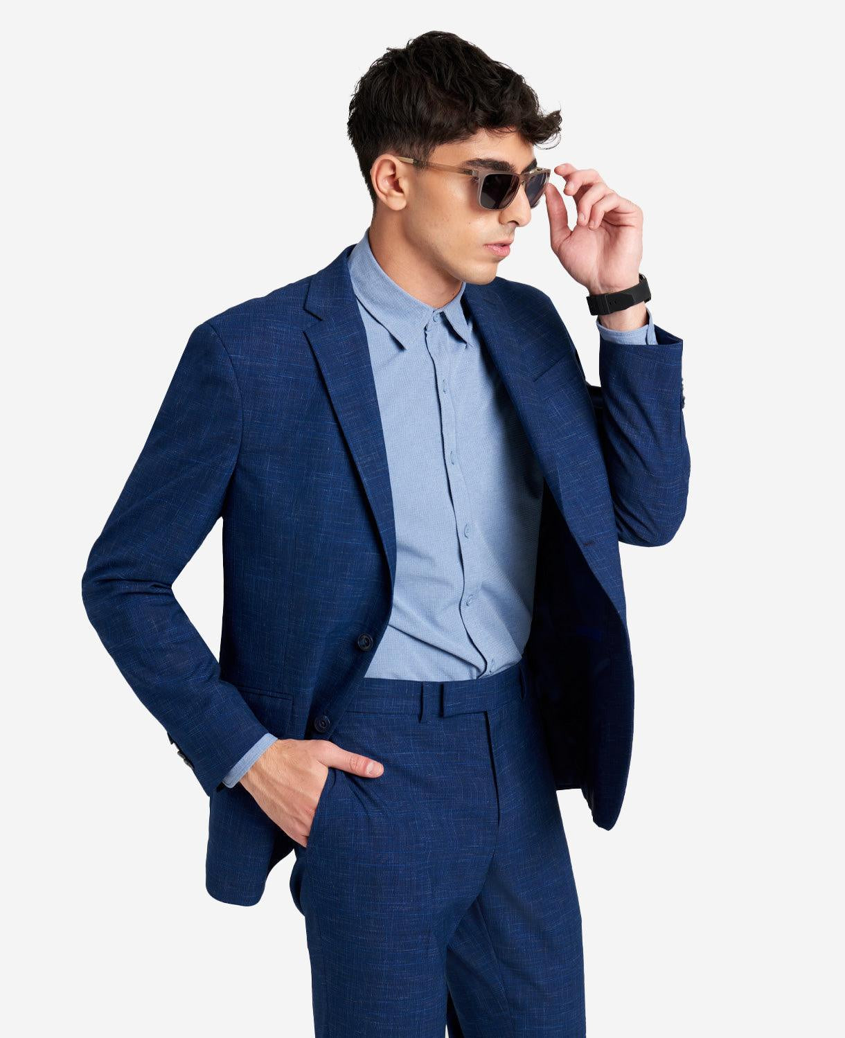 Kenneth Cole Reaction Men's Slim-Fit Blue Plaid Suit 46R / 40 x 32 Flat Pant