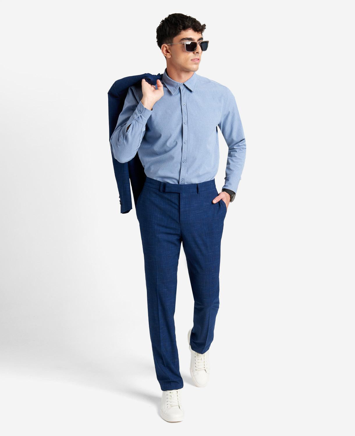 Kenneth Cole Reaction Men's Slim-Fit Blue Plaid Suit 46R / 40 x 32 Flat Pant