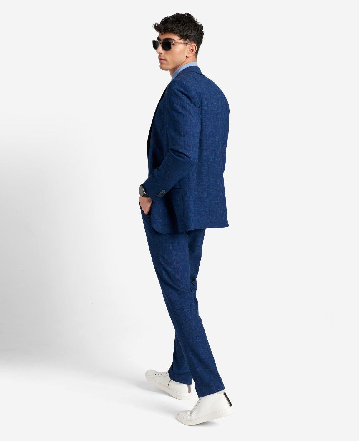 Kenneth Cole Reaction Men's Slim-Fit Blue Plaid Suit 46R / 40 x 32 Flat Pant