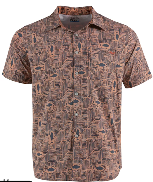 SALT LIFE Mens Tiki Tuna Performance Woven Short Sleeve Shirt Orange Black Large