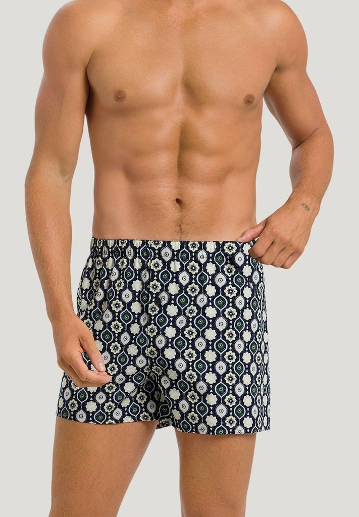 Hanro Mens Regular fit Boxer Shorts Underwear Medium Blue Geometric