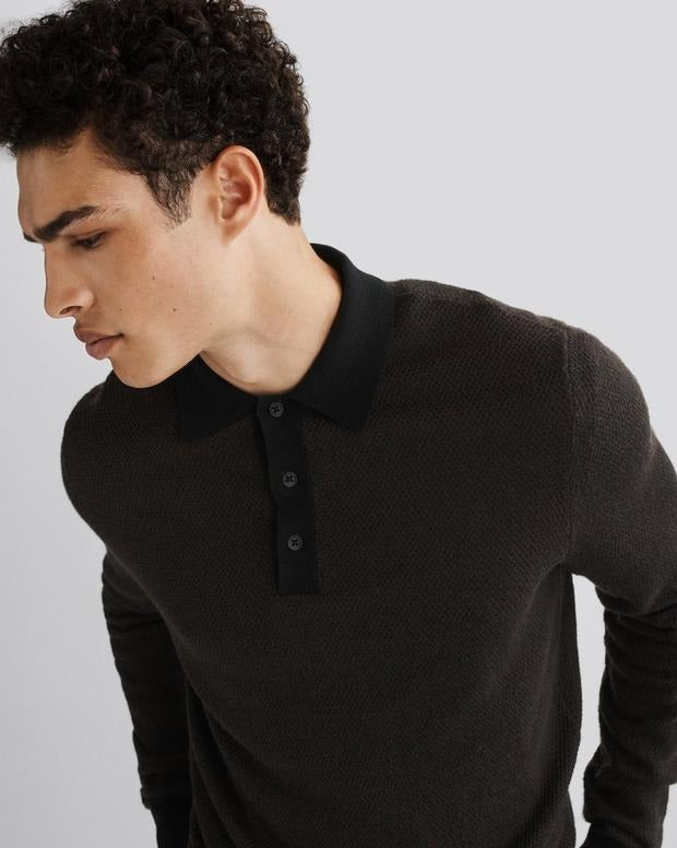 Rag & Bone Mens Harrow Long Sleeve Polo Shirt Large Brown Black