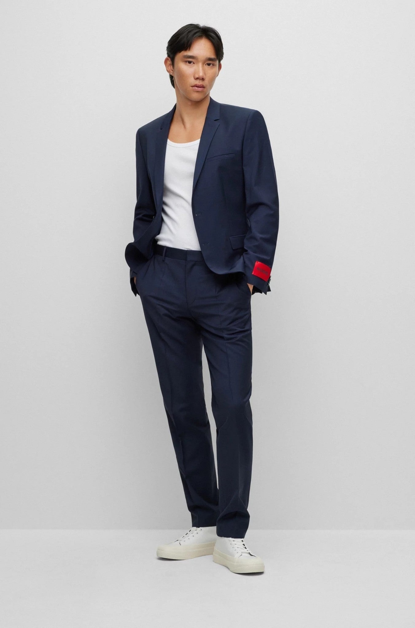 Hugo Boss Mens Modern fit Suit Jacket Blazer 44 L Navy Blue Solid Stretch