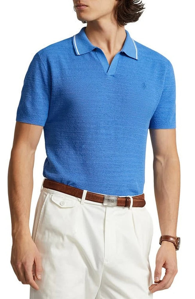 Polo Ralph Lauren Mens Regular Fit Textured Short Sleeve Polo Sweater Blue Small