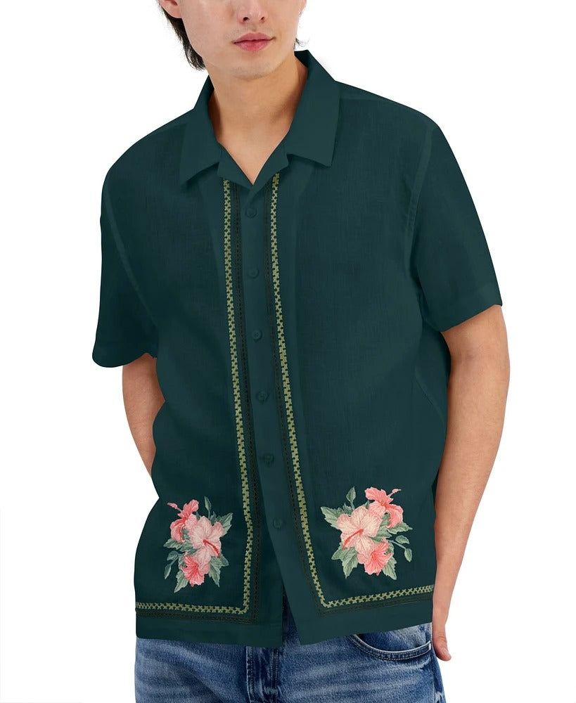 Guess Mens LINEN Regular fit Short Sleeve Button-Up Shirt XXL Green Floral