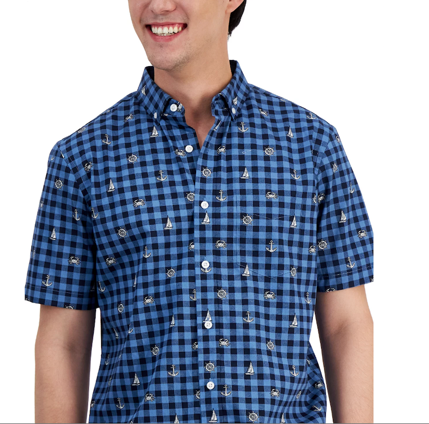 Club Room Mens Peter Classic Fit Maritime Print Check Button Down Poplin Shirt Blue Medium