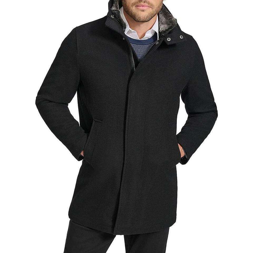 Calvin Klein Mens Black Walker Cold Weather Wool Coat XL Black Wool Fur Collar