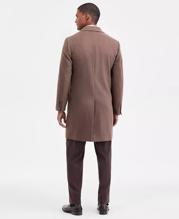 Calvin Klein Classic-Fit Wool Double Breasted Overcoat 38S Brown Herringbone