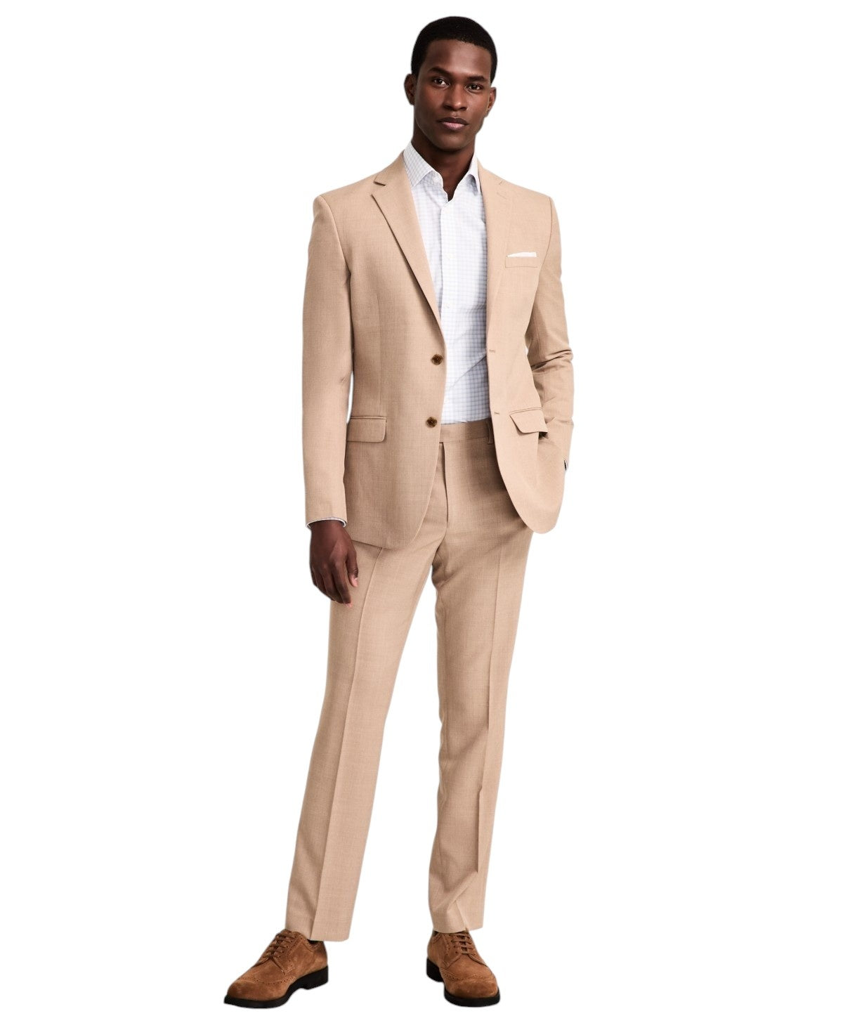 Dkny Mens Modern fit 2 Piece Suit 54 R / 49 Waist Tan Beige Solid Stretch