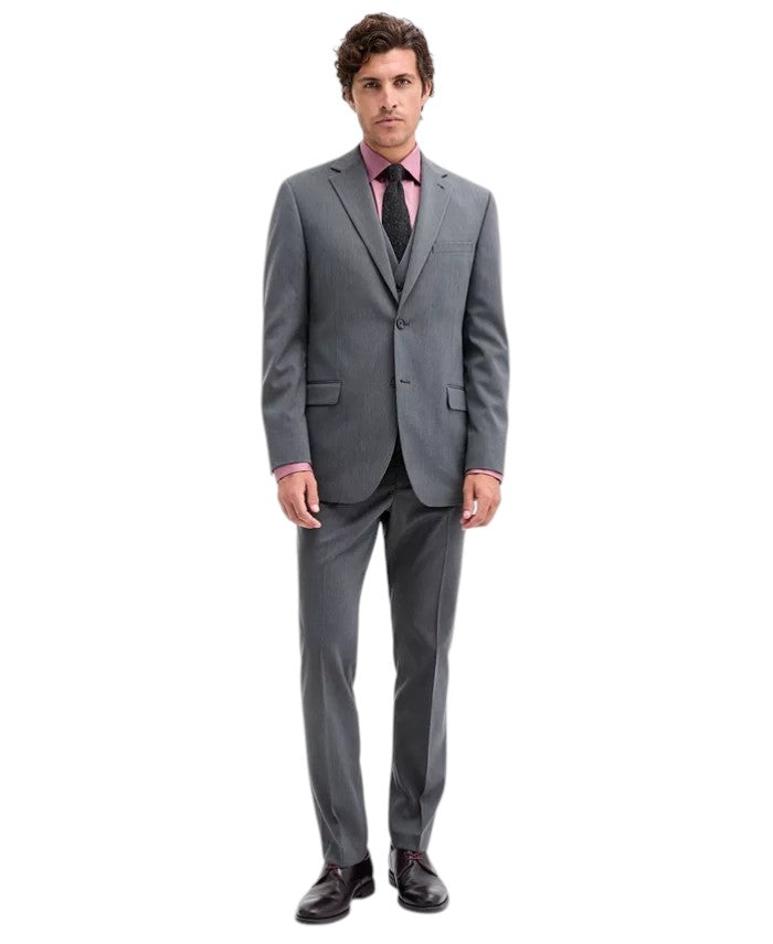 Dkny Mens Modern fit 3 Piece Vested Suit 44 R Pants 37 / 32 Gray Pin Dot