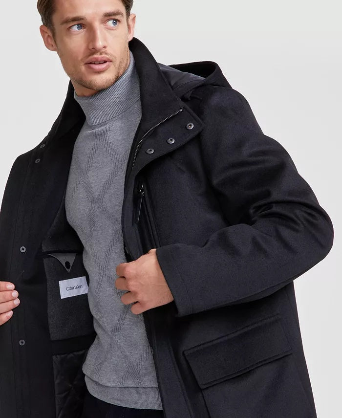 Calvin Klein Men's Regular Fit Wool Hooded Overcoat Coat 36 R Black