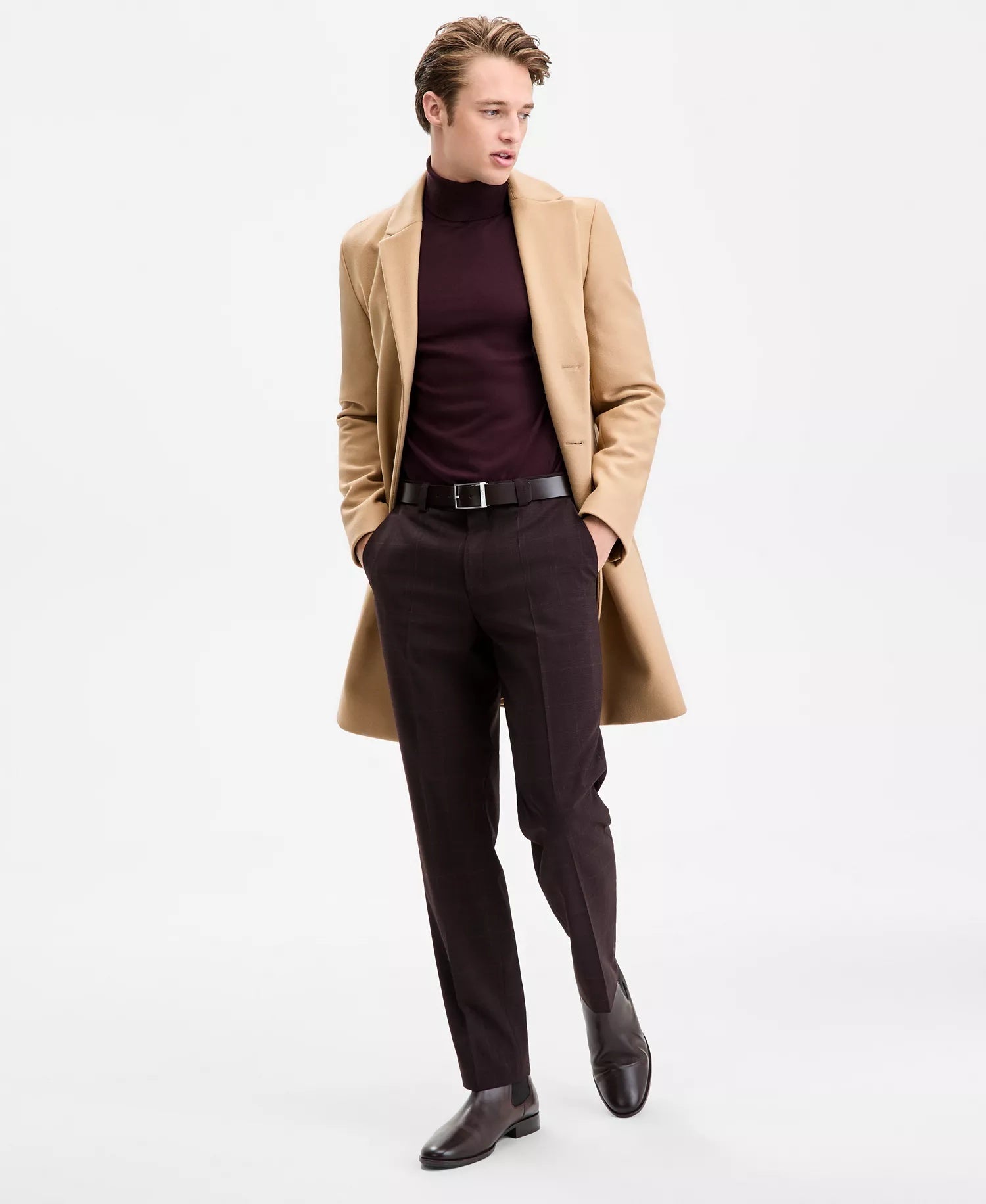 Hugo Boss Mens Slim-Fit Solid Wool Overcoat Coat 36R Camel
