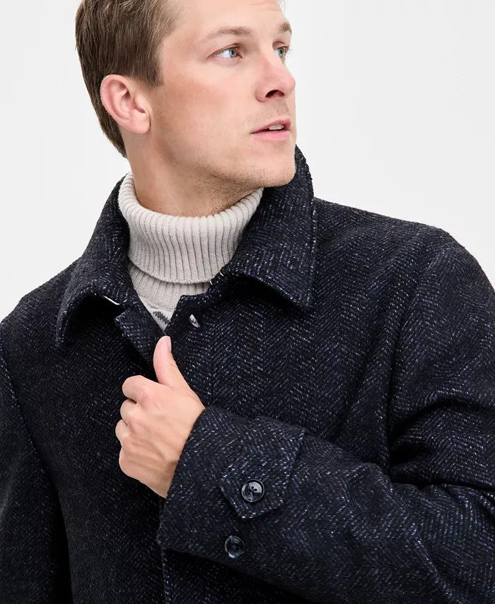 Tommy Hilfiger Mens Melange Overcoat Coat 38S Navy Blue Herringbone