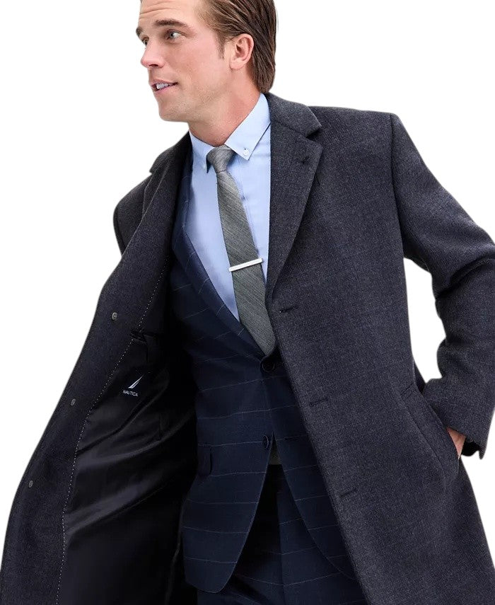 Nautica Mens Modern-Fit Wool-Blend Overcoat Coat 42L Grey Plaid