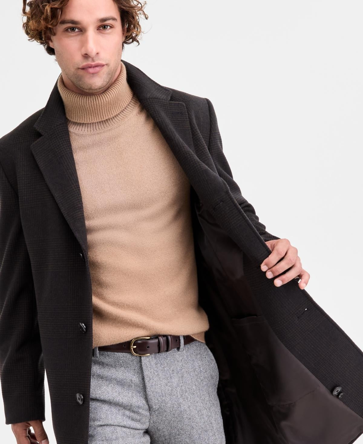 Michael Kors Mens Classic-Fit Wool Overcoat Coat 46 R Olive Green Navy Plaid