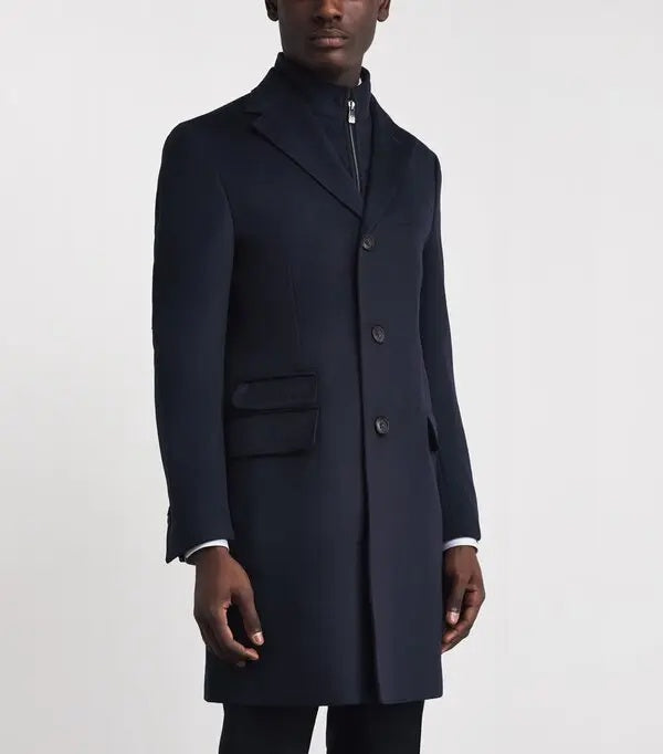 Corneliani Wool Topcoat Overcoat 46R Navy Blue with Zip Out Microsuede Bib