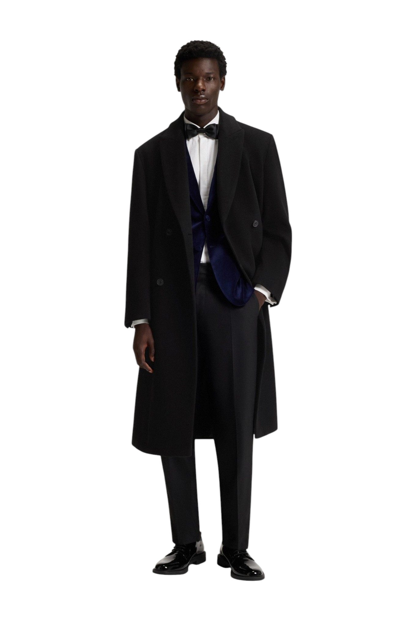 Hugo Boss Mens Modern-Fit Wool Blend Double Breasted Overcoat Coat Large Black