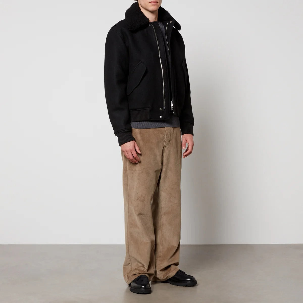 AMI Mens Heavy Shearling Trimmed Wool Bomber Jacket Coat XXL 2XL Black