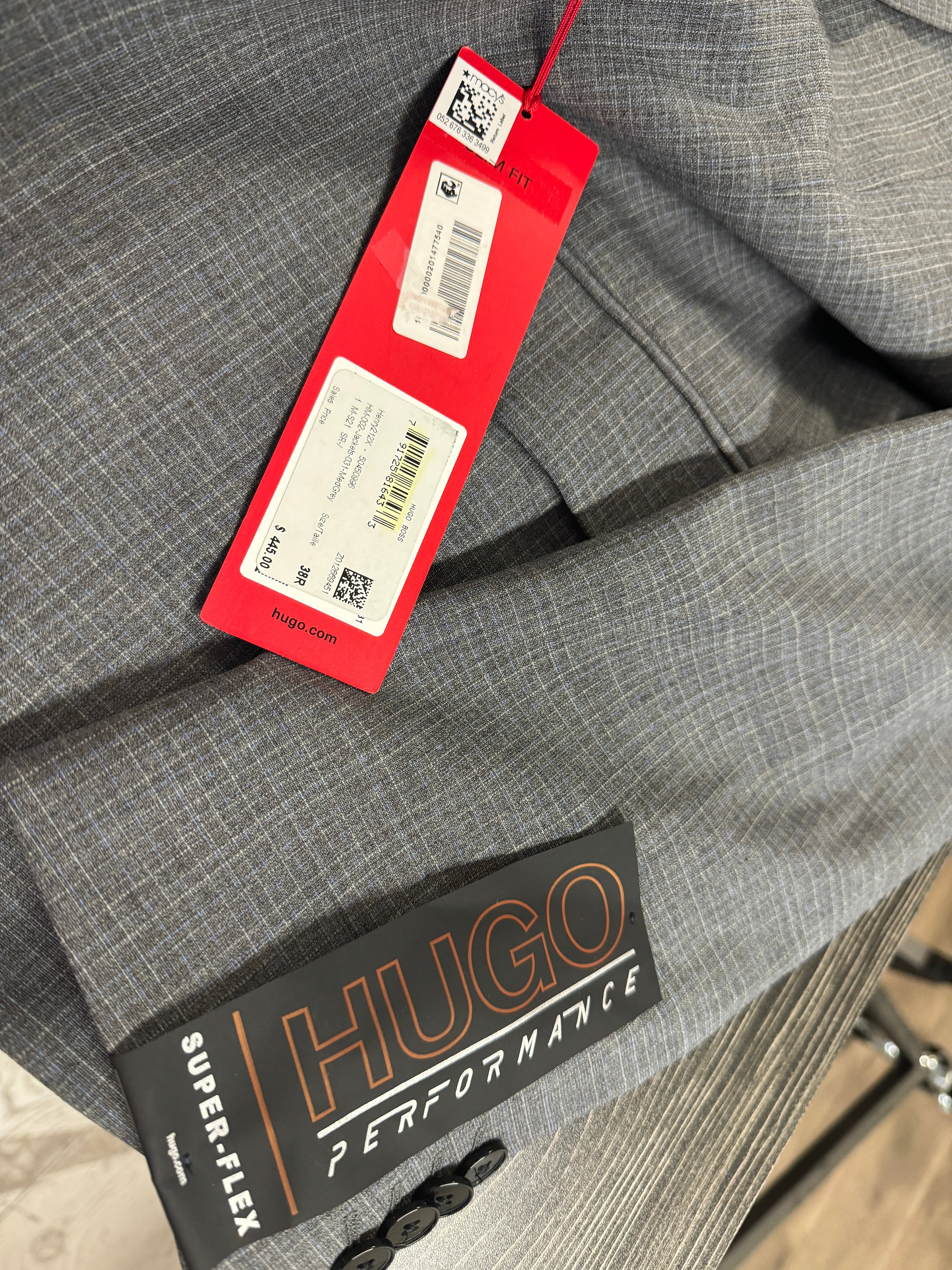 HUGO BOSS Men's Slim-Fit Stretch Mélange Wool Suit Jacket 38R Mid Grey
