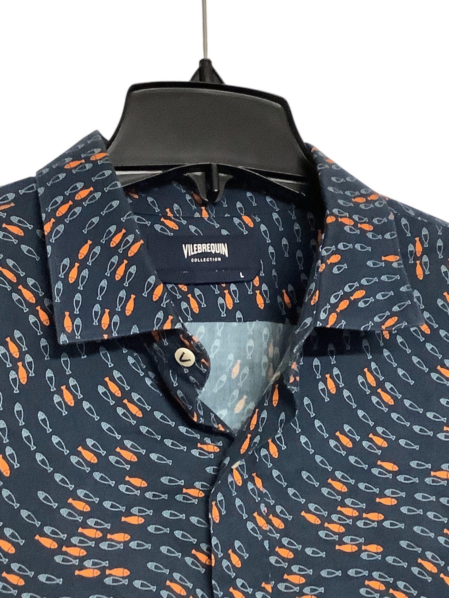 Vilebrequin Mens Regular Fit Button Down Shirt Large Blue / Fish Print