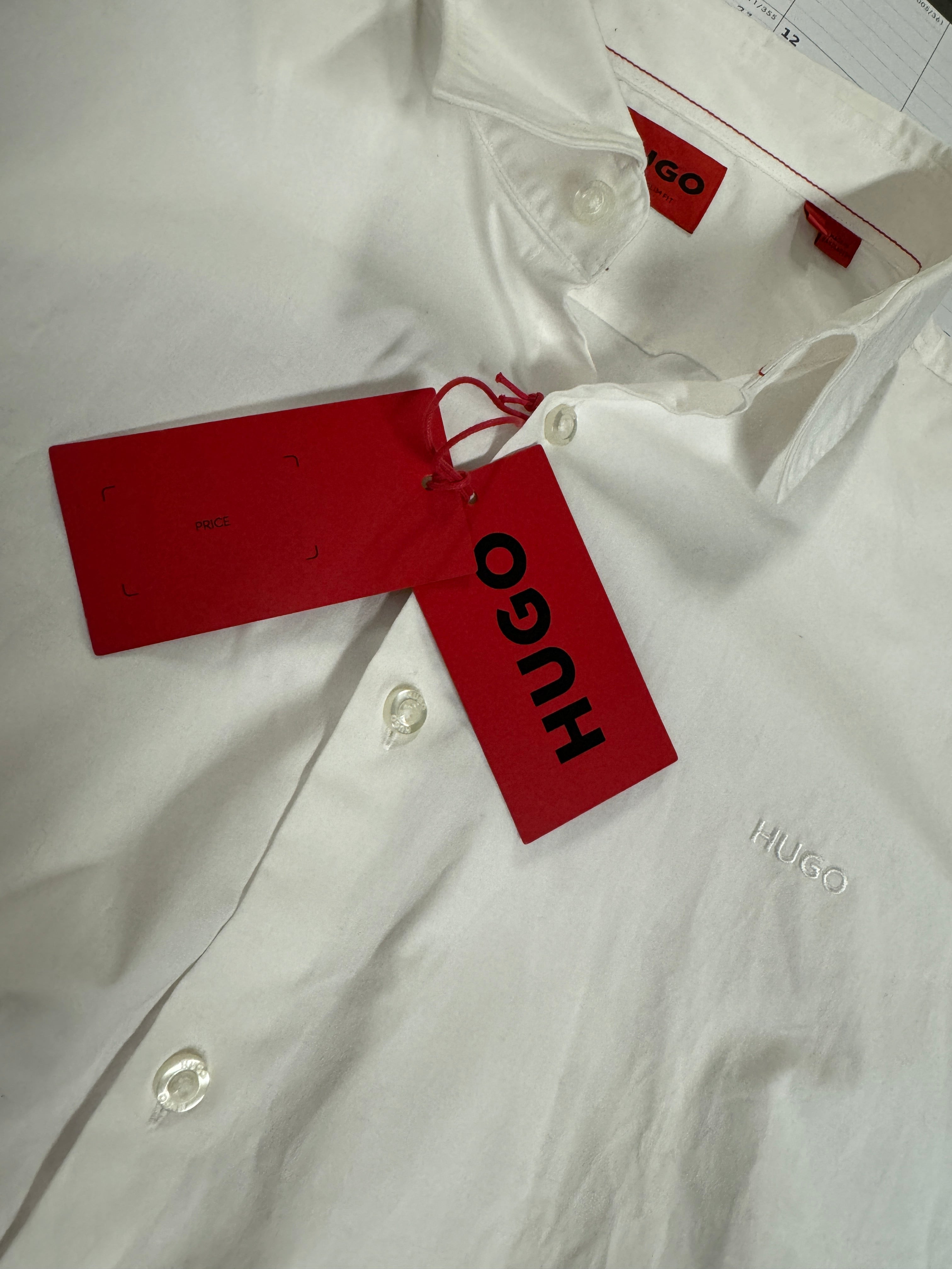 HUGO BOSS Mens Slim-Fit Tonal Embroider Button Down Short Sleeve Shirt White XL