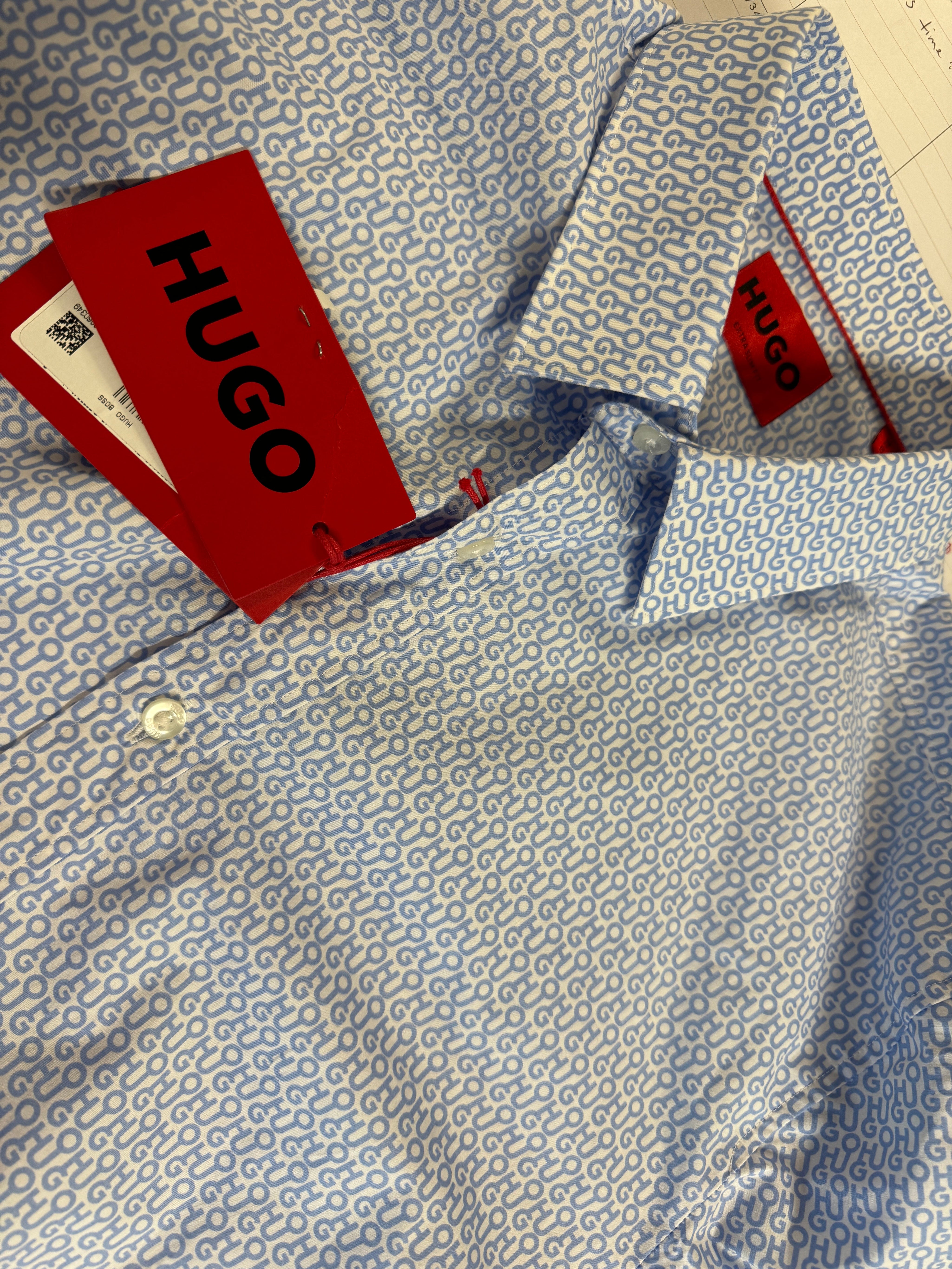HUGO BOSS Mens Elisha Extra Slim Fit Allover Logo Print Dress Shirt Size 38 / 15