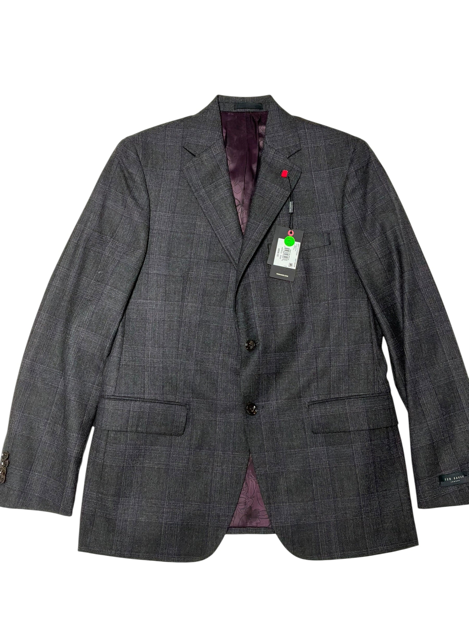 Ted Baker Mens Slim fit 2 Piece Suit 40 R / 34 Waist Grey Purple Plaid Stretch